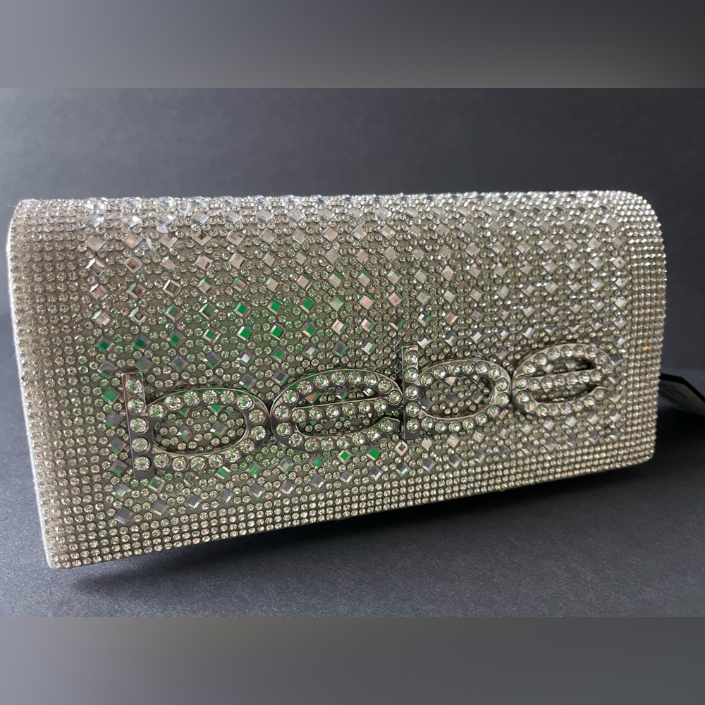Bebe Sparkling Silver Crystal Wristlet Clutch Mini Bag Crossbody